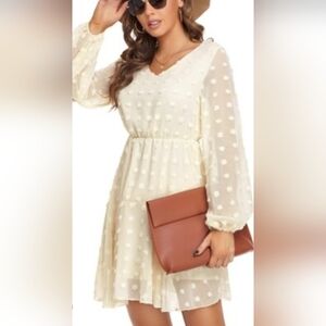 Fairy Flowing Delicate Chiffon Cream Swiss Dot Lace-Trimmed Dress